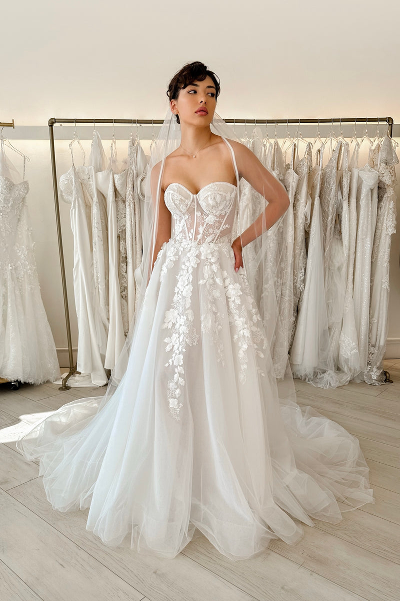 1679 | Martina Liana | Sexy Silk and Lace Fit-and-Flare Wedding Dress with  Sweetheart Neckline and Off-the-Shoulder Straps | Essense Designs