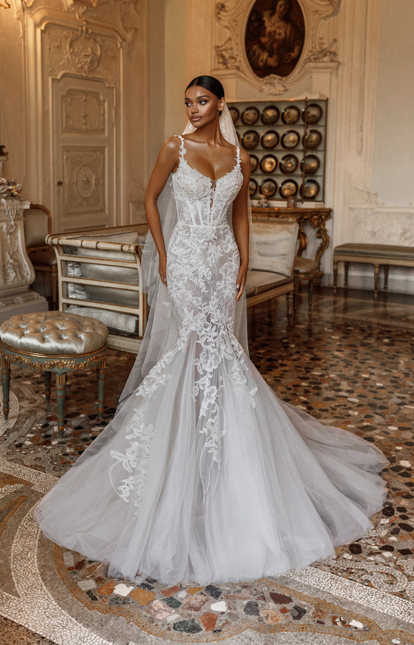 Mermaid Satin Lace Wedding Dresses Bridal Gown With Side Slit – Pgmdress